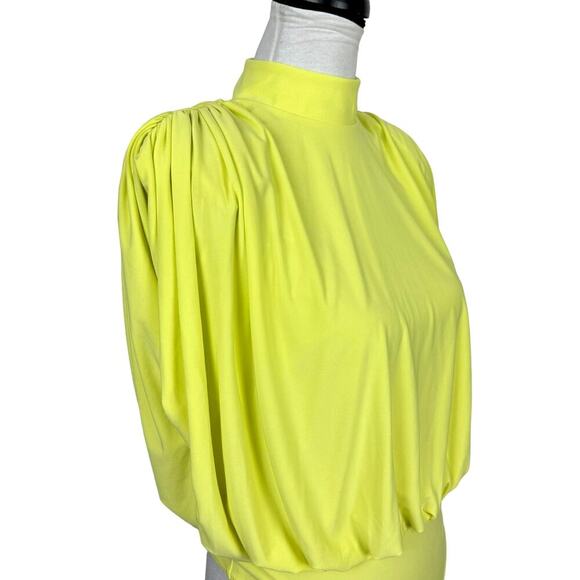 Express Neon Yellow Draped Mock Neck Open Back Thong Bodysuit w Shoulder Pads - Picture 9 of 12